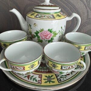 Vintage Chinese porcelain Jingdezhen Famile Rose pomegranate tea set 1960s